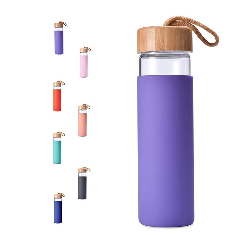 Yomious 20 Oz Borosilicate Glass Water Bottles with Silicone Sleeve BPA Free, Dishwasher Safe - Reusable Clear Glass Drinking with Leak Proof Bamboo Lid | Perfect Gym Water Bottles for Men & Women - Image 1